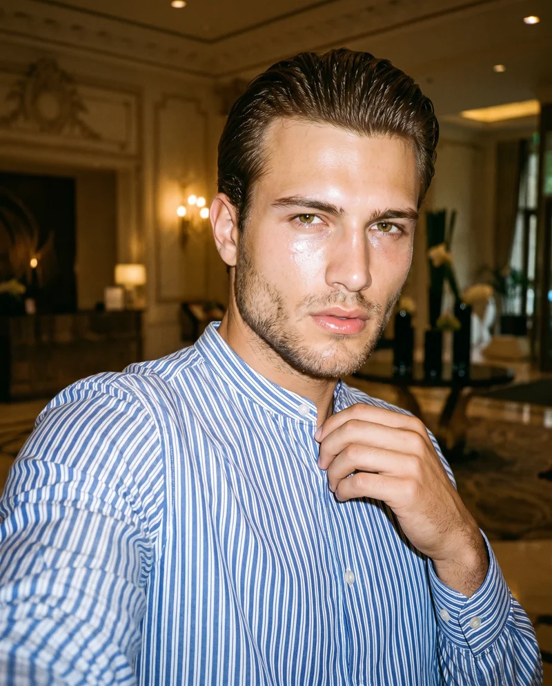 Striped Grandad Shirt, Selfie at Front, Flash Editorial lighting