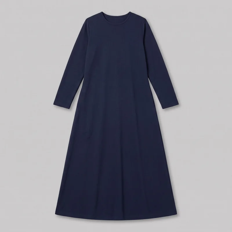 A navy women's long-sleeve A-line dress is laid flat in a front-facing view. It has a round crew neckline with a narrow bound neckband, set-in shoulders, straight full-length sleeves, a regular-fit upper body, and a skirt that flares from the waist to a long full hem. The dress has visible shoulder, sleeve, and side seams with simple stitched hems, and no visible closures, pockets, logos, prints, patches, embroidery, or embellishments.