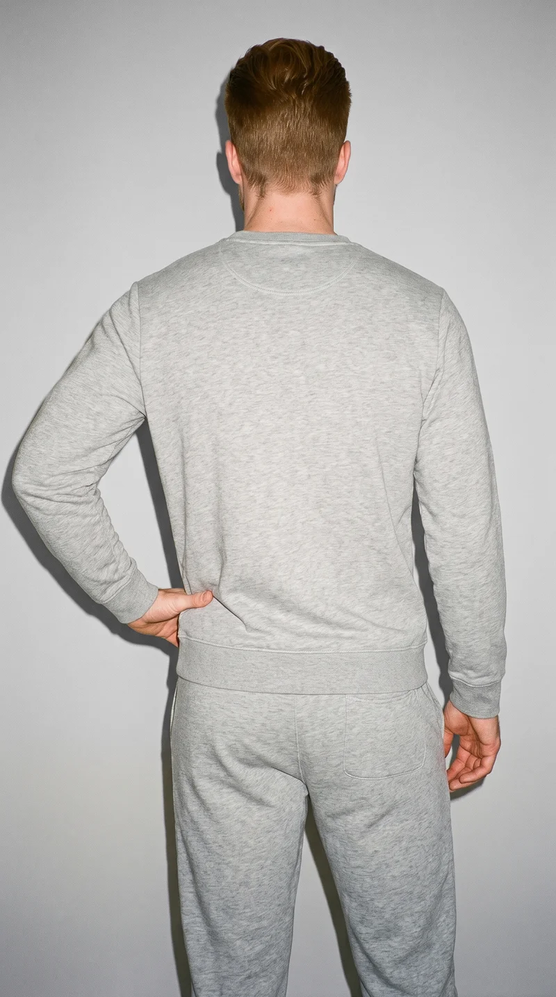 Men's Grey Marl Loungewear Set, Three-quarter length at Back, Natural E-Commerce lighting