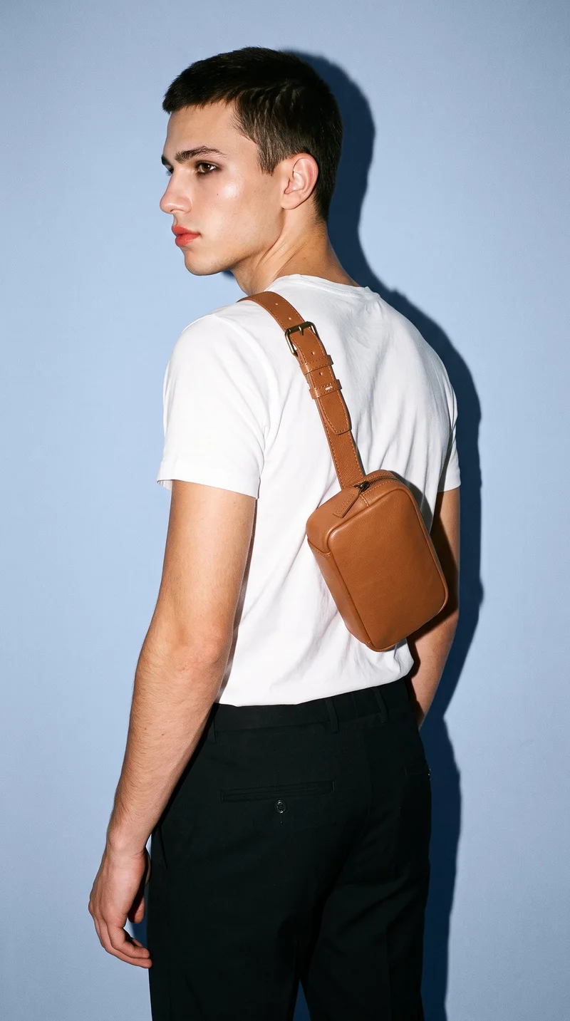 Men's Tan Leather Belt Bag, Three-quarter length at Angled rear, Flash Editorial lighting