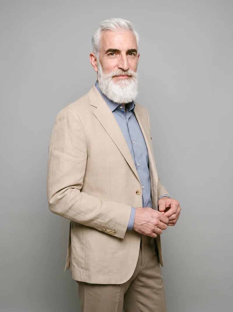 A 54-year-old Caucasian man wears a beige linen blazer, shown from a front three-quarter angle in a three-quarter-length frame with his hands in front and a confident expression. A pebble grey studio-wall backdrop is visible behind him.