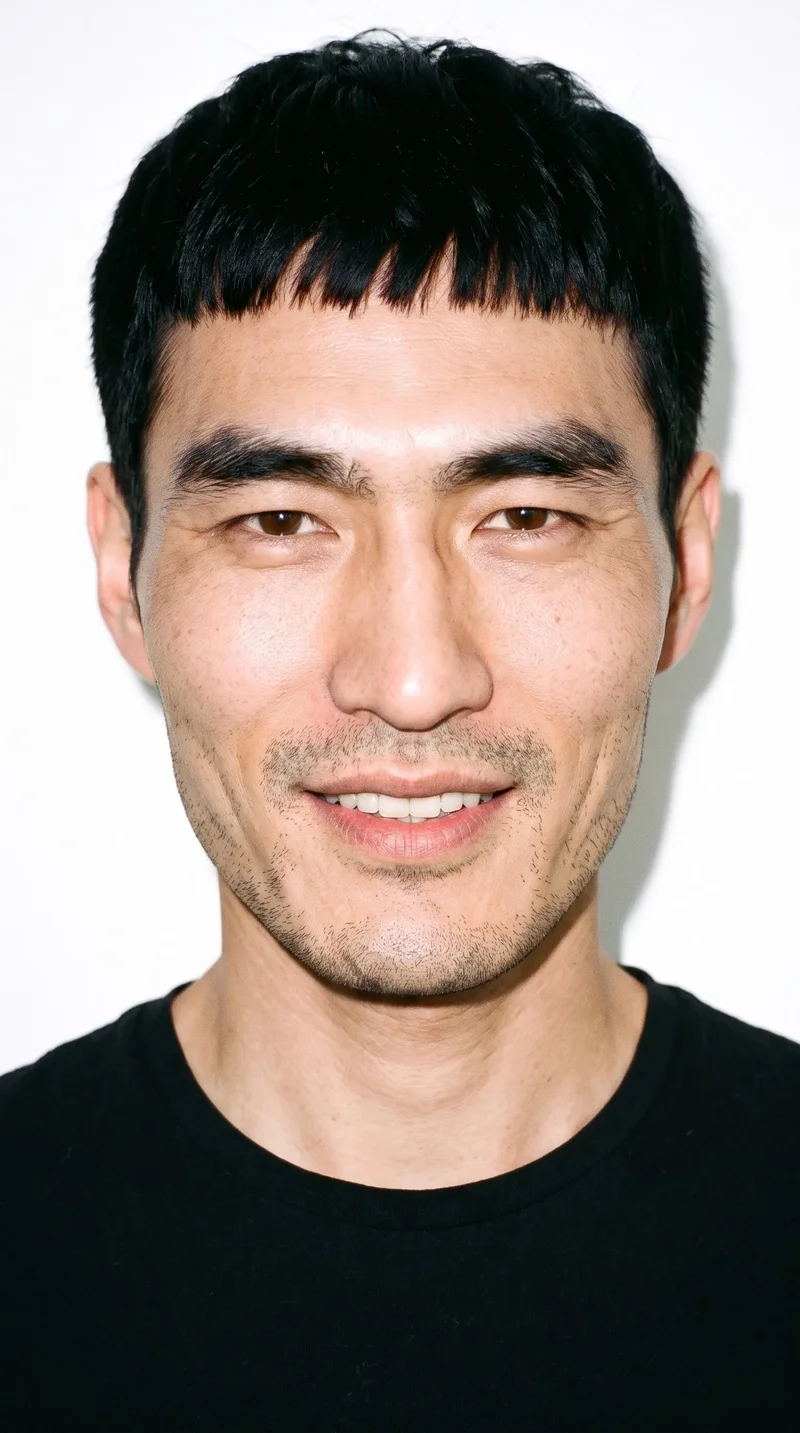 A 37-year-old Chinese man with a light-tan, cool-toned complexion and a weathered face with strongly defined, lived-in features. He has thin eyebrows, very dark near-black eyes, medium lips, and fine, closely trimmed stubble covering the beard area. His deep black hair is styled in a clean French crop with short sides and a short, blunt fringe.