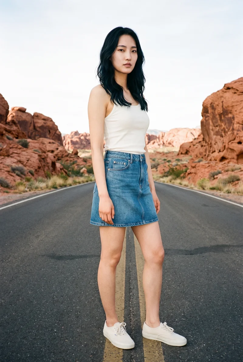A 21-year-old Korean woman models a denim mini skirt in a full-body front view, posed with a waist twist and a confident expression. A Monument Valley Road backdrop frames the scene.