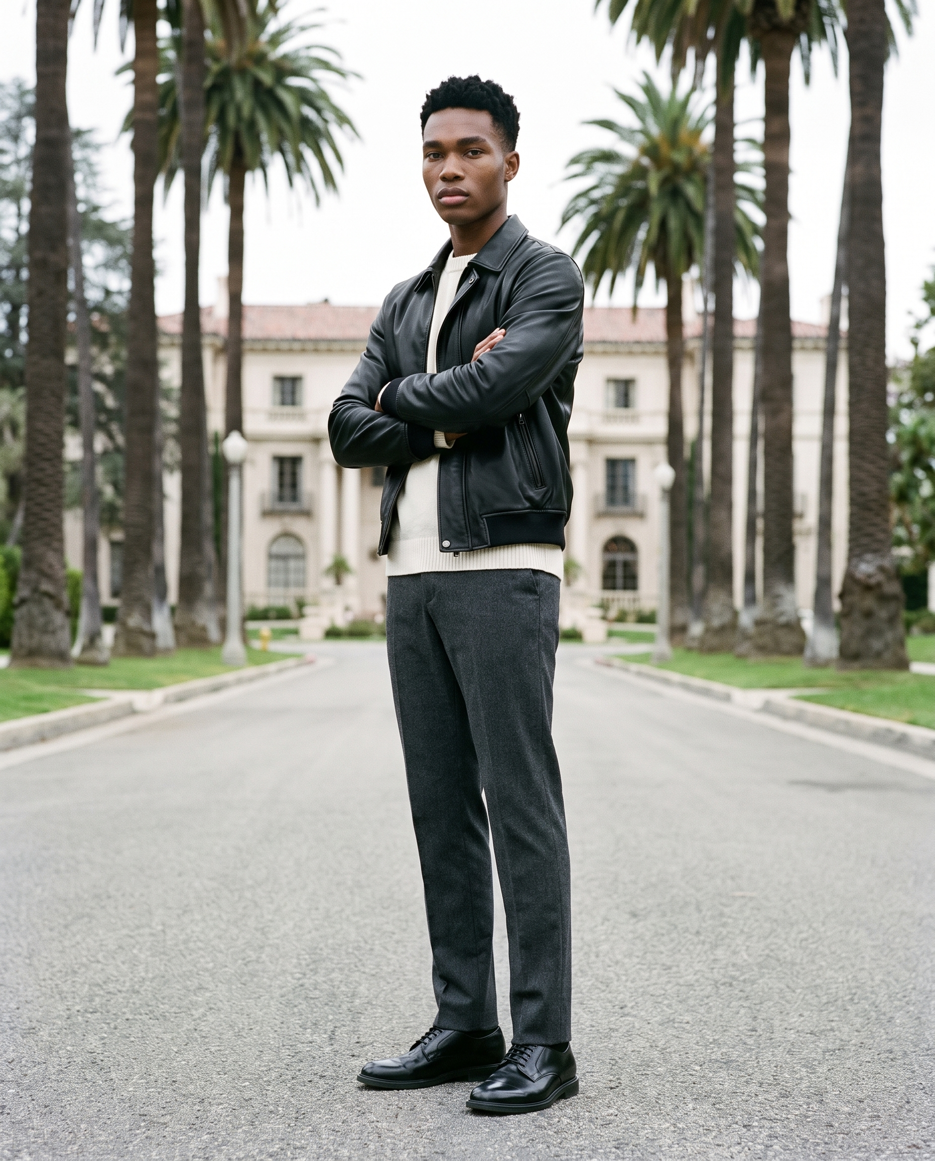 A 20-year-old African man wears a black bomber leather jacket in a full-body front three-quarter view, standing with his arms crossed and a natural facial expression. The Palm Mansion Boulevard backdrop is visible behind him.