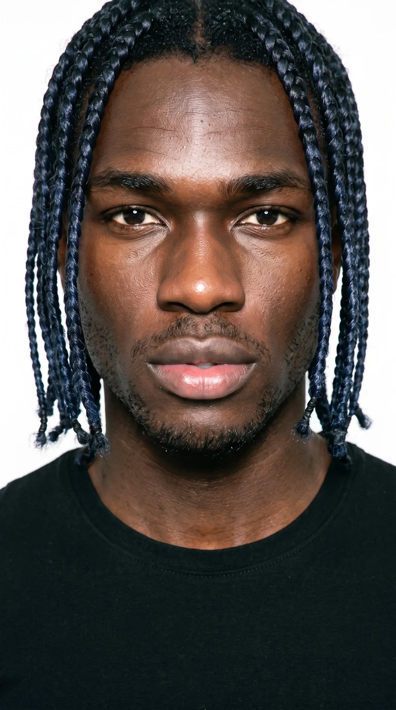 An 18-year-old African male with dark-brown skin and a neutral undertone. He has a square, angular face with a broad forehead and strong, defined jaw. His thick eyebrows frame very dark, near-black eyes, and his lips are very full. His black hair is styled in long individual box braids, and very short facial-hair growth creates a faint, even shadow across the beard area.