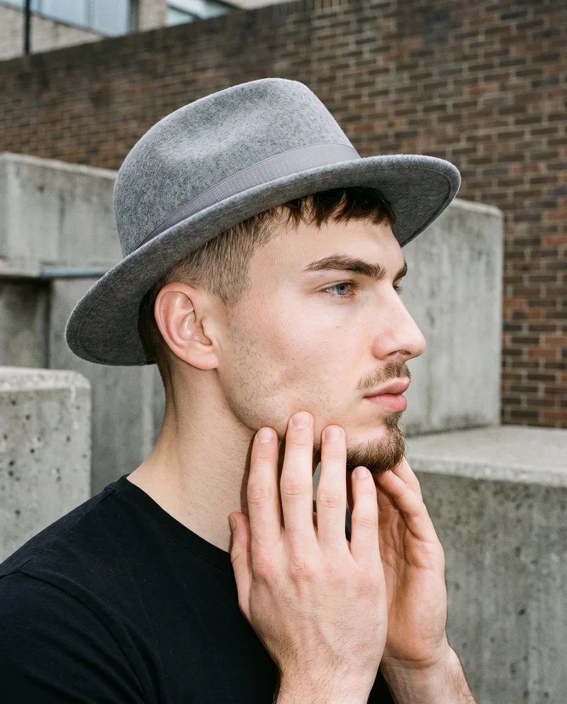 Men's Grey Fedora, Head at Side, Natural E-Commerce lighting