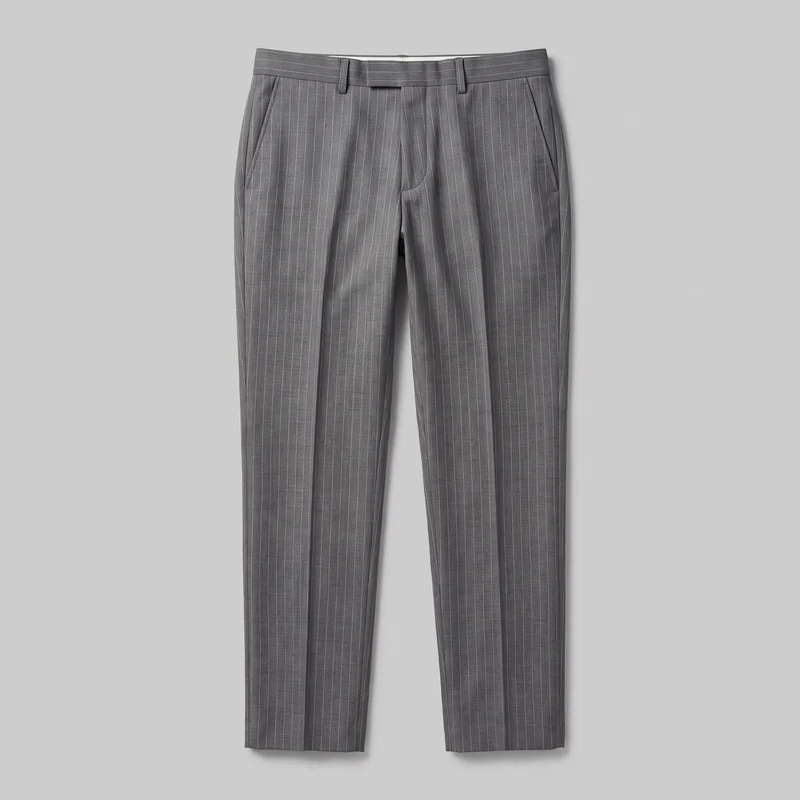 Men's grey tailored dress trousers are shown laid flat in a complete front view. The trousers feature a fine vertical pinstripe pattern, a mid-rise waistband with belt loops and an extended tab, a front fly, slanted side pockets with pleats, pressed center creases, slightly tapered straight legs, and plain straight hems.