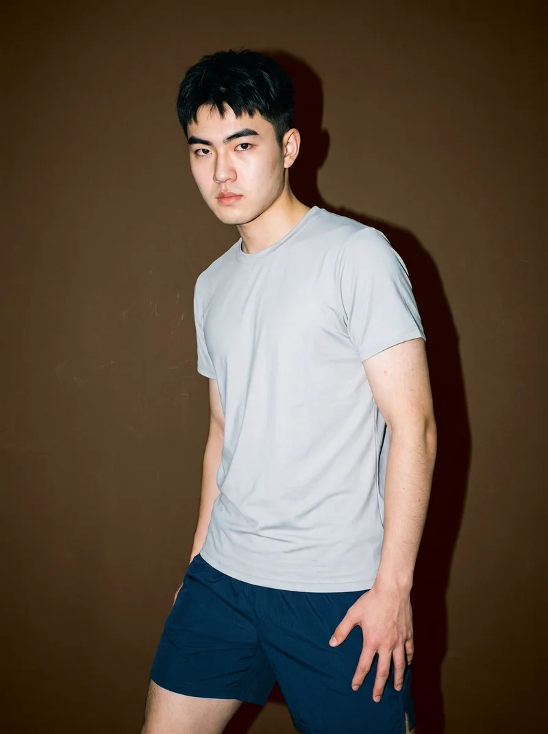 A 20-year-old Chinese male model wears a grey moisture-wicking performance top in a front-view, three-quarter-length composition. He is shown in a waist twist with a confident expression against a mocha studio-wall backdrop.