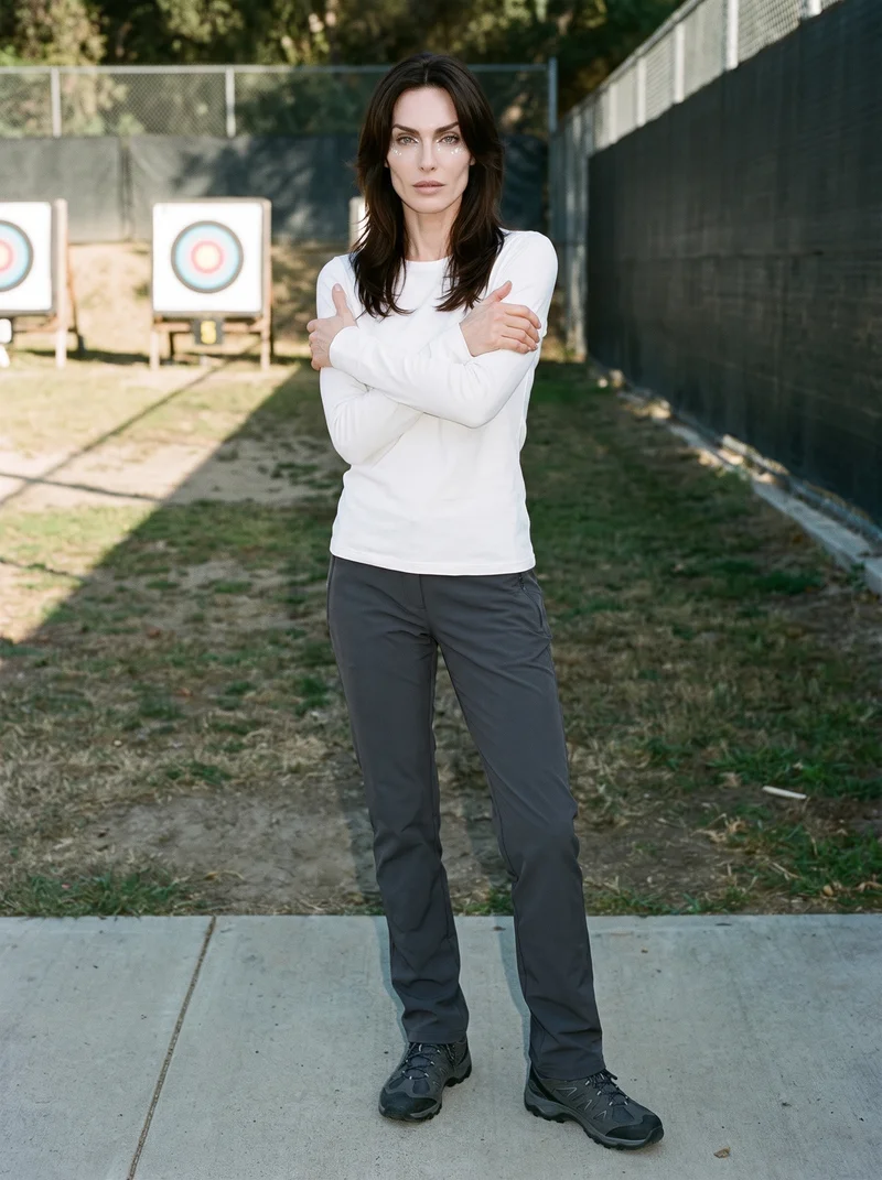 A 45-year-old Caucasian woman wears a white performance base layer in a full-body front three-quarter view. She stands in a self-hug pose with a serious expression, against an archery range backdrop.
