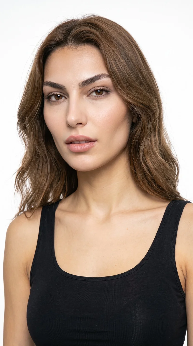 This 22-year-old Turkish woman has a medium olive complexion with a warm greenish-golden undertone. Her diamond-shaped face has a narrow forehead and jawline, with the greatest width across the cheekbones. She has thick eyebrows, very dark near-black eyes, and medium-sized lips. Her brown hair is styled in soft, natural waves.