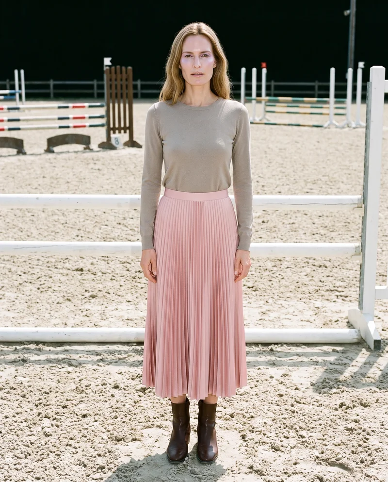 Blush Pink Satin Pleated Skirt, Full body at Front, Clean Catalog lighting
