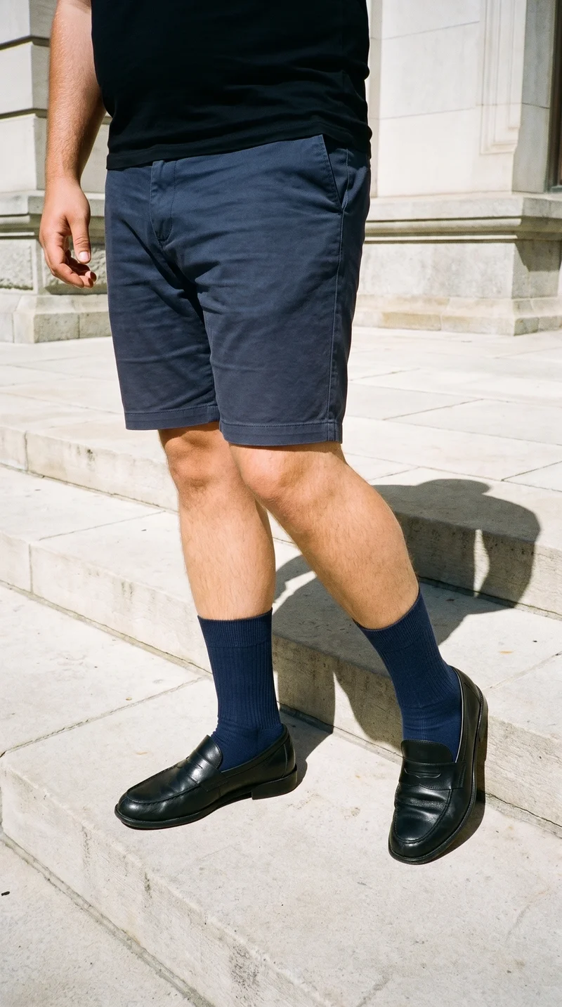 A man's lower body is shown from the front with one foot extended forward, wearing navy cotton crew socks. Courthouse steps form the backdrop.