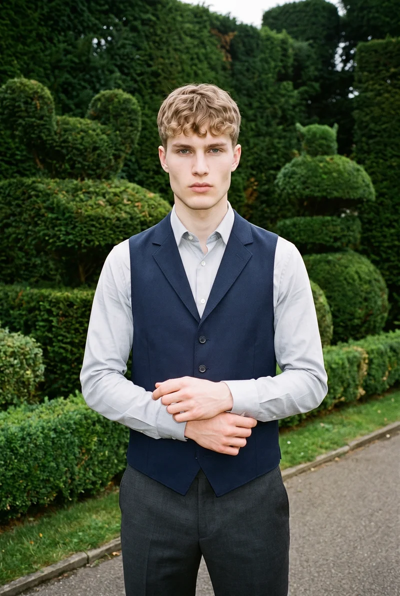 A 19-year-old Caucasian man wears a navy wool waistcoat in an upper-body front view. He is touching his wrist with a confident expression, against a topiary garden backdrop.