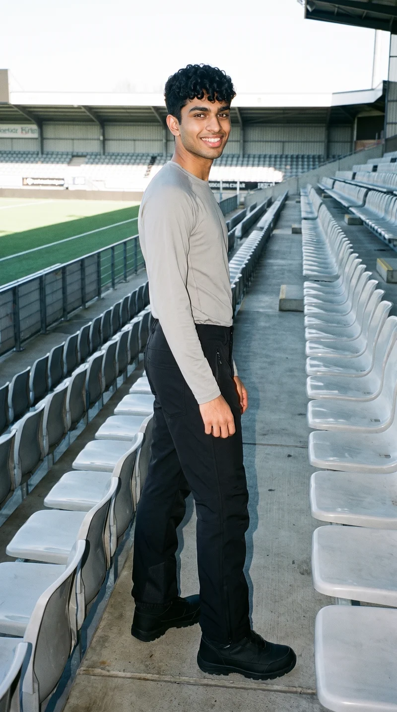 Men's Black Ski Trousers, Full body at Three-quarter, Flash Editorial lighting
