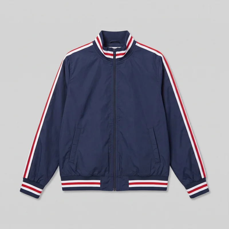 A navy women's retro track jacket is shown laid flat in a mostly complete front view. It has a full-length center zipper, stand rib collar, long sleeves with ribbed cuffs, a ribbed hem, contrast stripes around the collar, cuffs, and hem, matching parallel stripes running from the shoulders down the outer sleeves, and two lower slanted welt pockets with visible stitching.