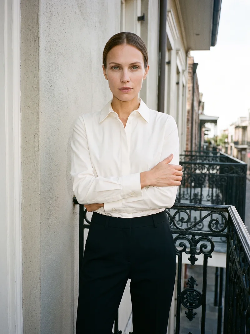 A 35-year-old Caucasian woman is shown from the upper body in a front view, wearing black suit trousers and holding her elbow. She has a serious expression, with a New Orleans balcony backdrop.