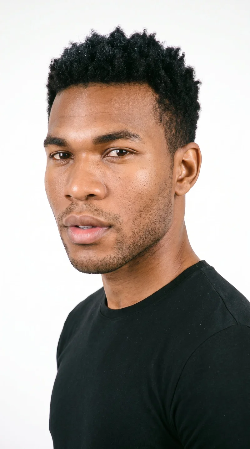 A 28-year-old African man with golden-brown skin and a warm red-copper undertone. His rugged face has weathered, characterful features and a heavy jaw, framed by thick eyebrows and very dark, near-black eyes. He has medium lips, black hair styled in a short textured crop with layered texture on top and closely cut sides, and fine, closely trimmed stubble lightly covering the beard area.