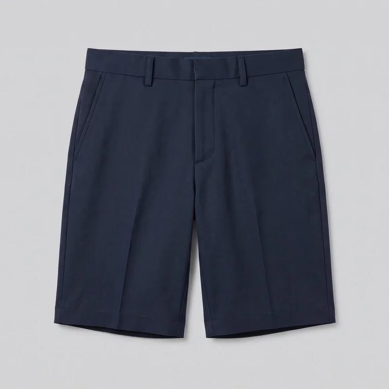 Men’s navy tailored Bermuda shorts are shown laid flat in a standalone front view. The shorts have a regular straight fit, flat waistband with belt loops and an extended tab, a front fly placket, slanted side pockets, pressed center creases, vertical side seams, straight leg openings, and simple stitched hems. No logos, prints, patches, embroidery, or embellishments are visible.