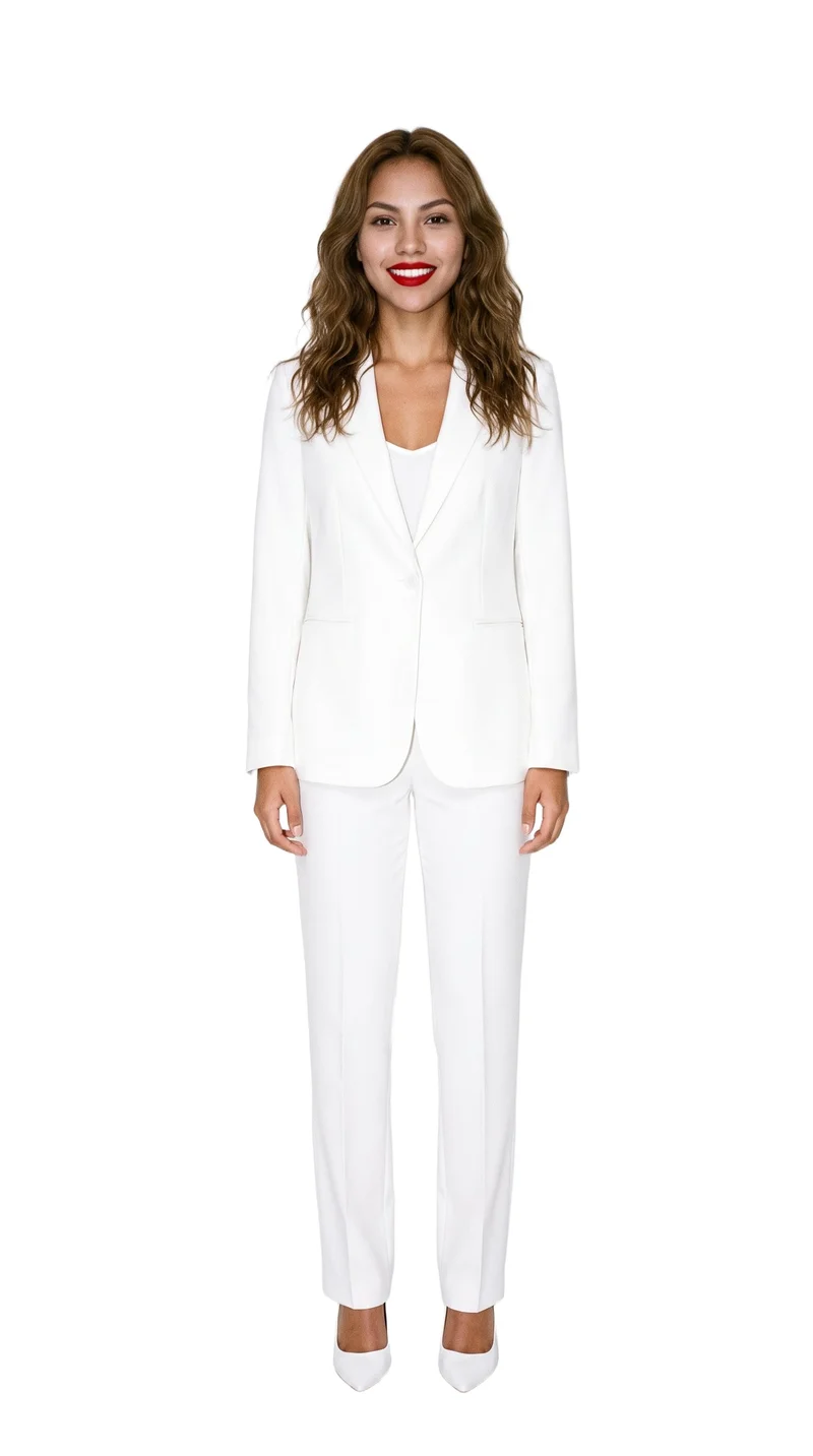 An 18-year-old Hispanic woman stands straight in a front-facing full-body view wearing a white trouser suit. Her natural expression is visible against a pure white backdrop.