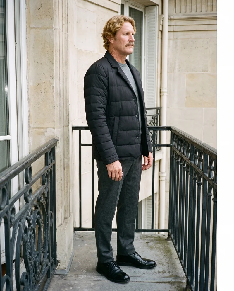 A 58-year-old Caucasian man is shown full body in side view wearing a black puffer jacket, with his hands held in front and an intense expression. A Paris balcony serves as the backdrop.