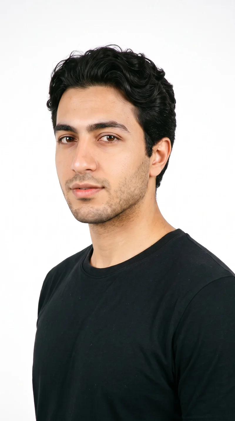 A 22-year-old Arab man with warm honey-toned skin and a greenish olive undertone. His face has balanced oval proportions and a softly rounded jaw, with medium-thickness eyebrows, brown eyes, and medium lips. His deep black hair falls in soft waves with gentle movement, and very short facial-hair growth creates a faint, even shadow across the beard area.