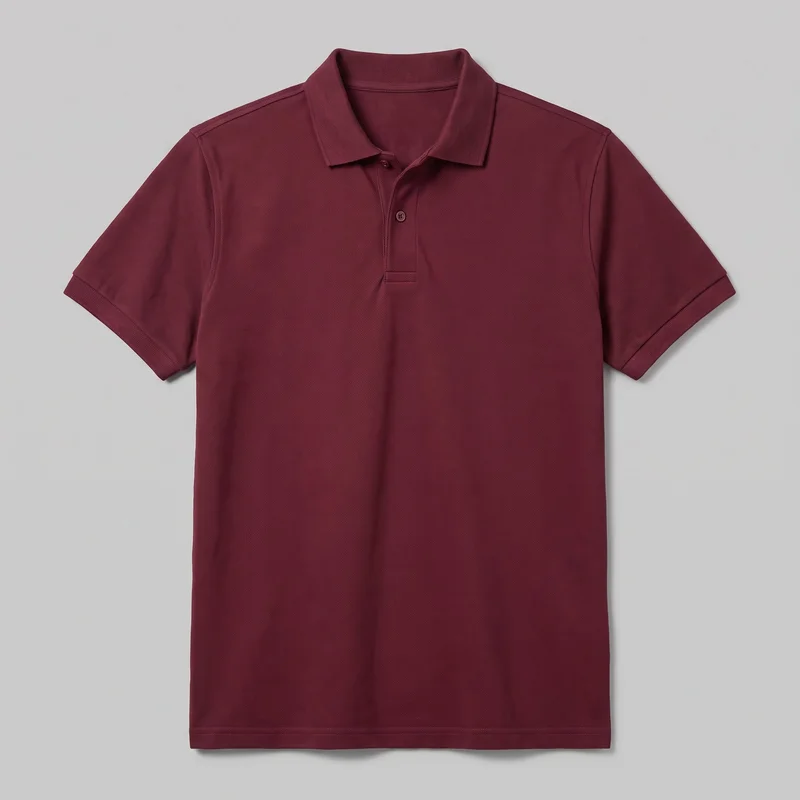 A burgundy short-sleeve pique polo shirt is shown laid flat in a complete front view. It has a flat knit fold-over collar, a short partial placket with two visible buttons and stitched box detail, set-in sleeves with hem bands, shoulder seams, a straight body, and a full-length double-stitched hem. No pockets, logos, prints, patches, embroidery, or embellishments are visible.