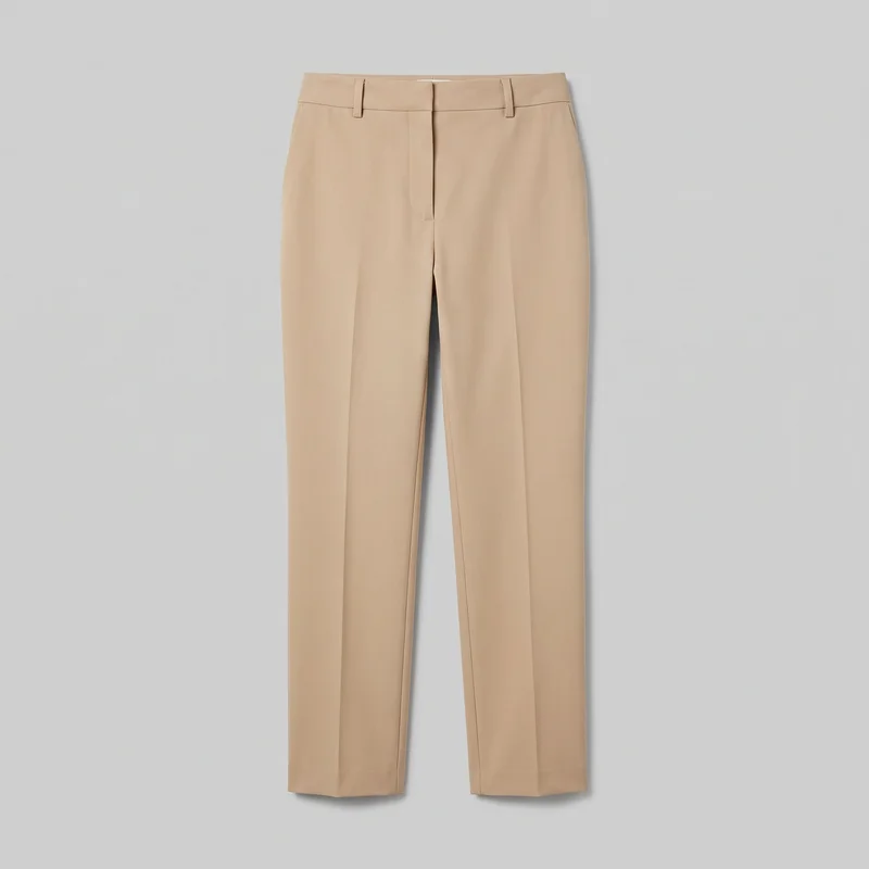 Women's beige tailored dress trousers are shown laid flat in a complete front view. They have a structured waistband with belt loops, a centered fly-front placket with an extended waistband tab, straight full-length legs, pressed vertical front creases, visible waistband and side-edge seams, and plain straight hems. No logos, prints, patches, embroidery, or embellishments are visible.