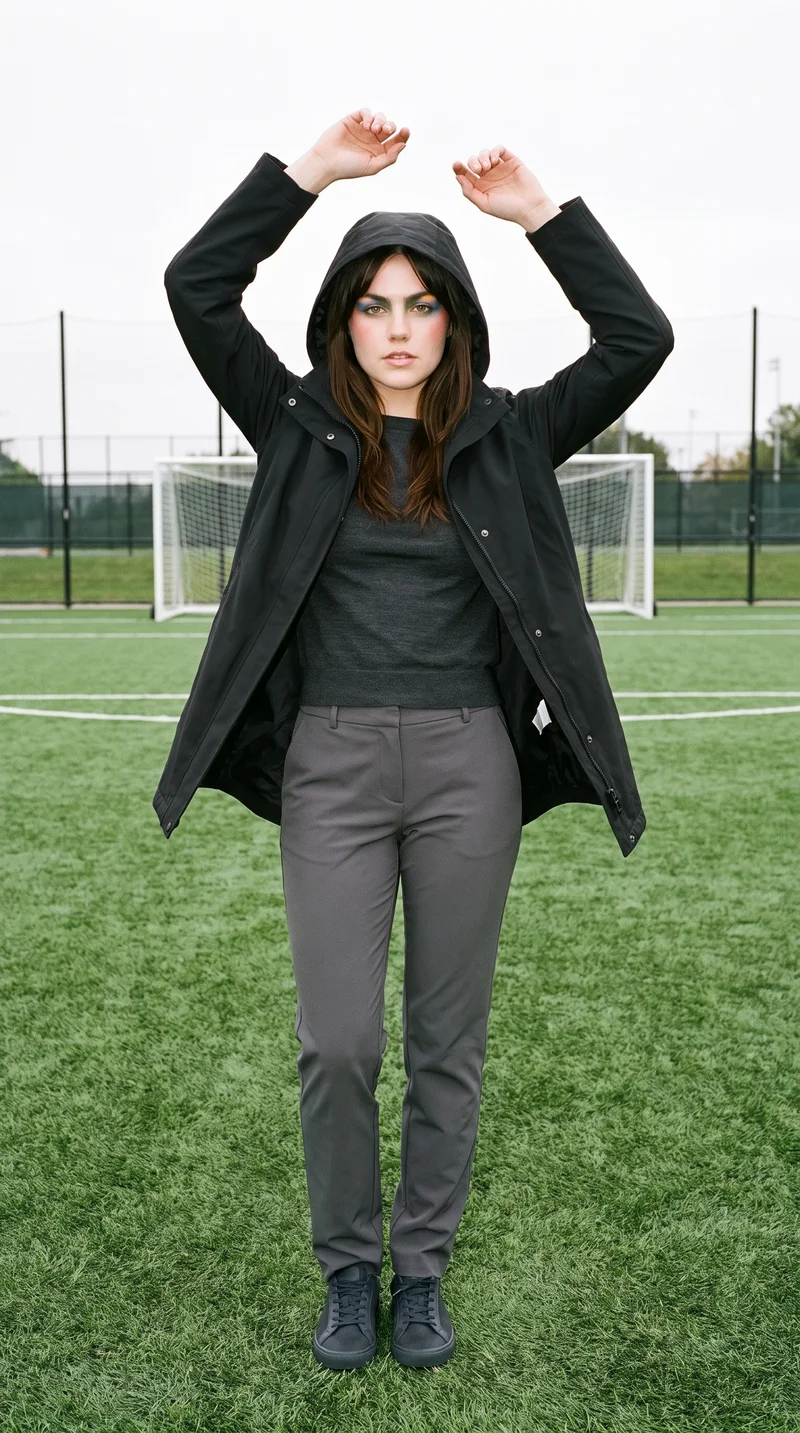 A 22-year-old Caucasian woman wears a black hooded raincoat in a full-body front view, standing with her arms overhead and a soft facial expression. A soccer pitch forms the backdrop.