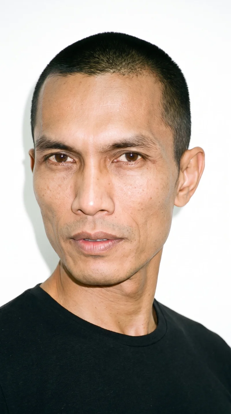 A 49-year-old Southeast Asian man with a medium, warm-yellow skin tone and a lean, gaunt face defined by hollowed cheeks and sharply sculpted bone structure. His eyebrows are medium in thickness, and his eyes are brown. He has medium lips, black hair clipped very short and evenly in a buzz cut, and no facial hair, leaving his face smooth.