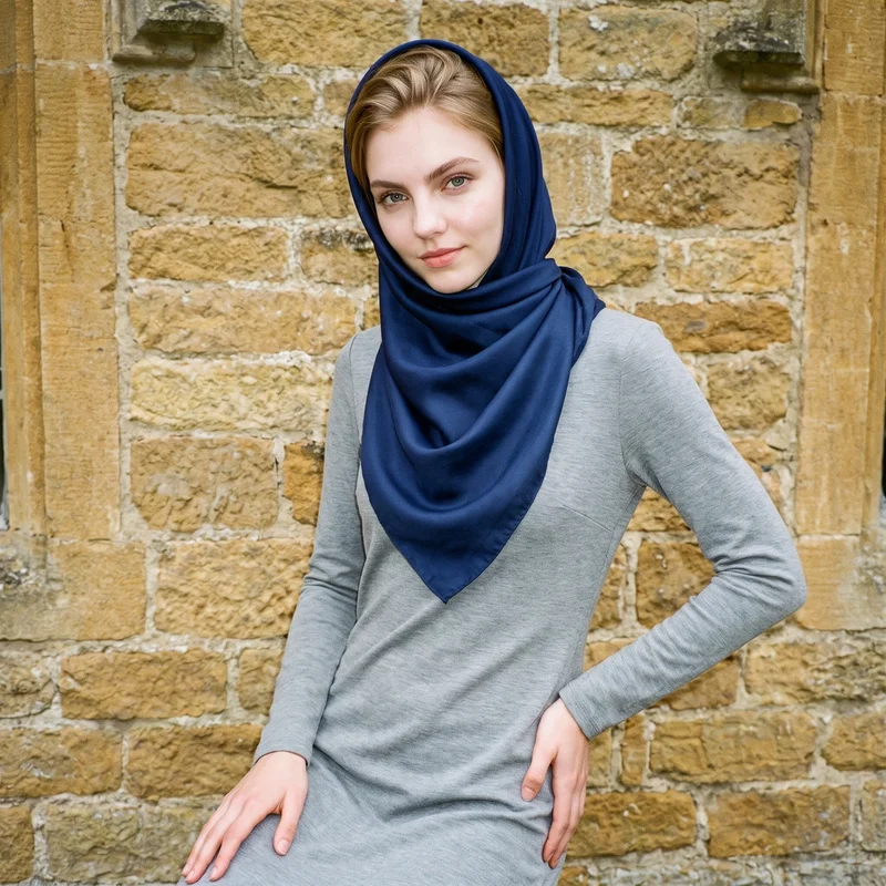 An 18-year-old Caucasian woman is shown from three-quarter length at a front three-quarter angle, wearing a navy silk scarf. She stands with one hip out and a natural facial expression, against a Cotswolds stone village backdrop.