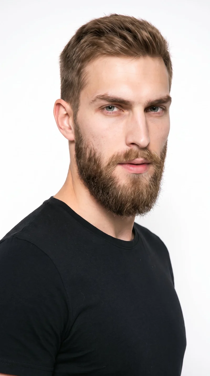 This 23-year-old Caucasian man has lightly tanned, fair skin with a warm golden undertone. His face is sharp and angular, with a defined jaw and pronounced cheekbones. He has medium-thickness eyebrows, cool clear grey eyes, and full lips. His light-brown hair is styled in a short, tapered crew cut, slightly longer on top than at the sides. A full beard grows evenly across his cheeks, jaw, and chin, forming a connected shape.