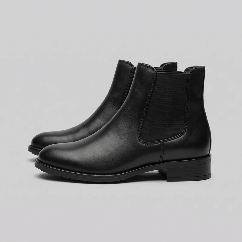 A pair of black leather Chelsea ankle boots is shown in a clear side-oriented view, with one boot mostly unobstructed and the second positioned behind it. The boots have ankle-height shafts, rounded toes, large elastic gore panels in curved side openings, stitched edging, vertical back seams, finished top rims, slightly projecting welt edges, and low block heels. A low treaded outsole is visible beneath the forefoot.