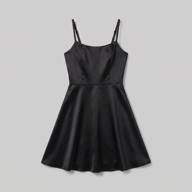 A complete standalone front view of a black satin sleeveless fit-and-flare dress. It has narrow adjustable shoulder straps with visible sliders, a shallow square neckline, shaped armholes, and a close-fitting bodice with vertical princess-style seams and a defined horizontal waist seam. The smooth A-line skirt flares gently from the waist and ends at a short straight hem, with no visible closures, pockets, logos, prints, embroidery, patches, or embellishments.