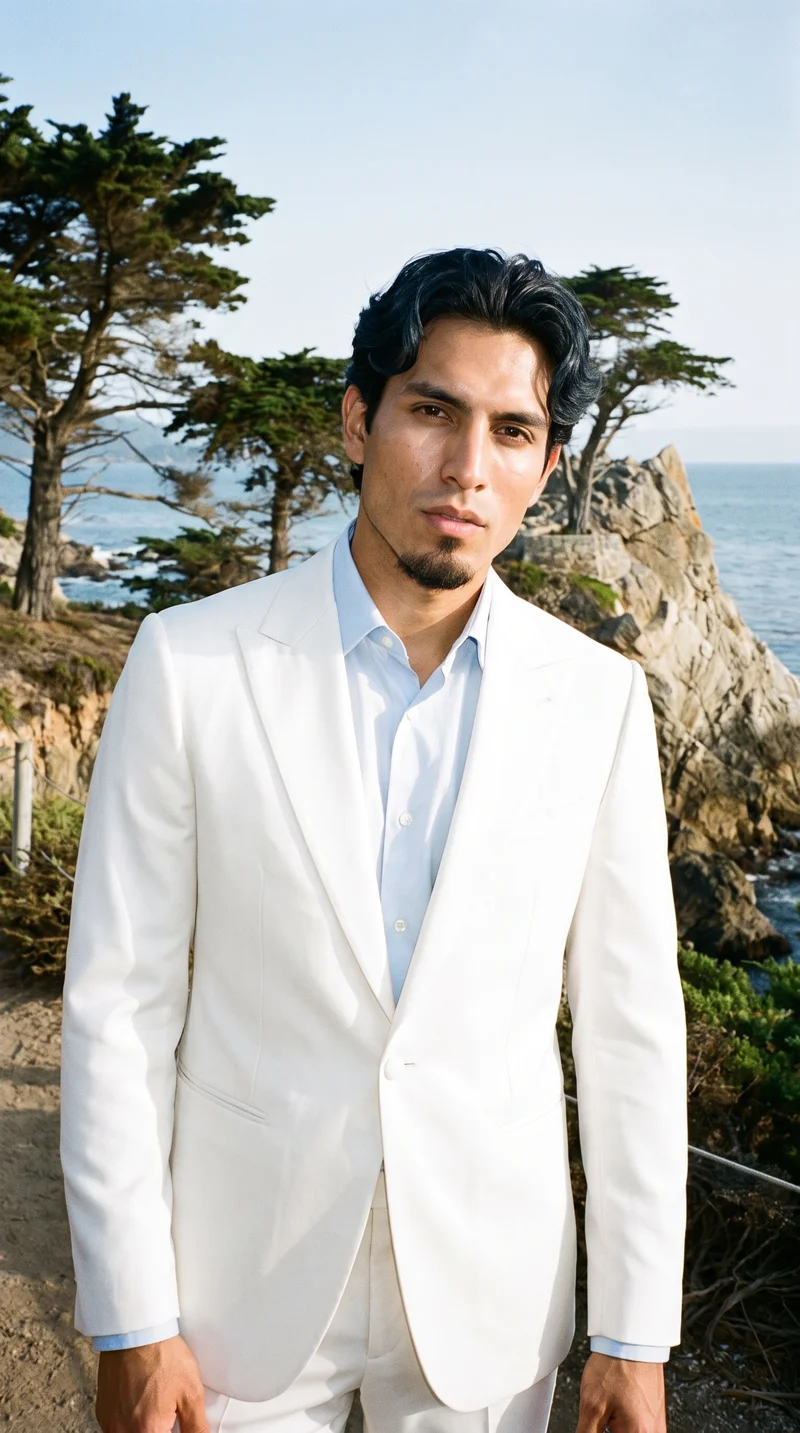 A 25-year-old Hispanic man wears a white dinner-jacket tuxedo in an upper-body, front-view composition. He is shown with a shoulder-drop pose and a confident facial expression, against a Coastal Trail Cypress Ruins backdrop.