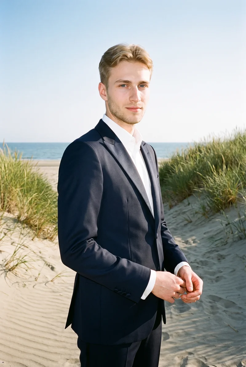 Midnight Blue Tuxedo, Three-quarter length at Three-quarter, Flash Editorial lighting