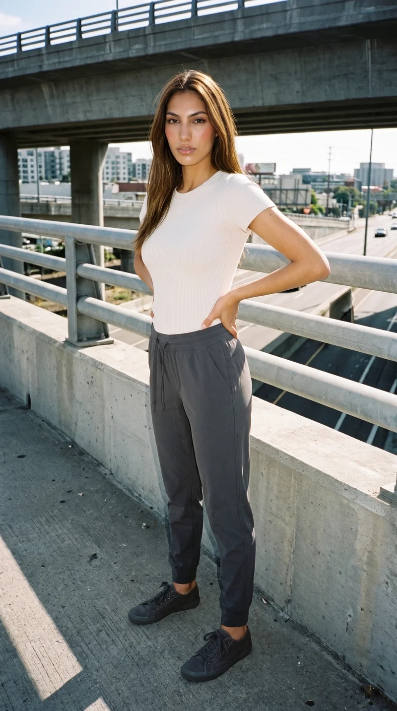 Women's Charcoal Tech Joggers, Full body at Three-quarter, Natural E-Commerce lighting