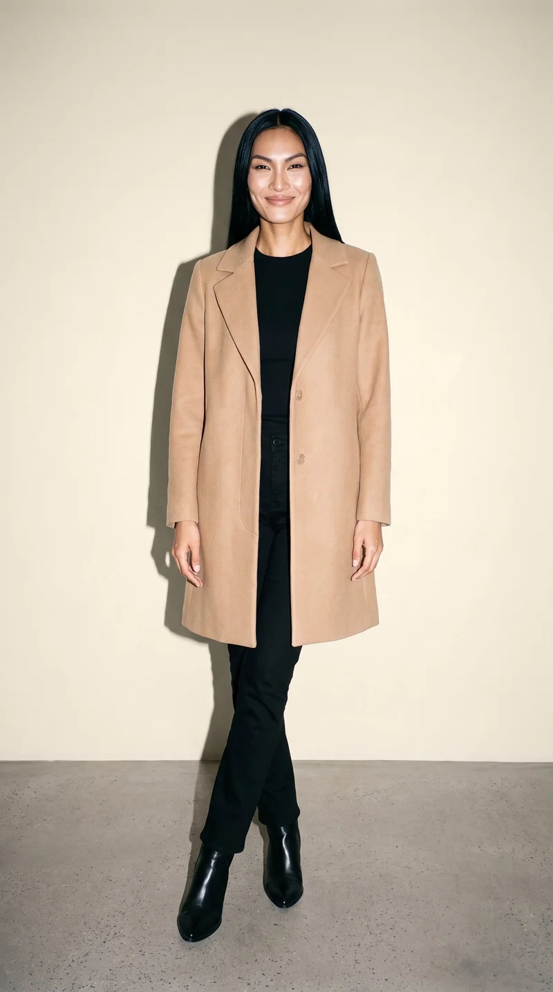 A 32-year-old Southeast Asian woman wears a camel wool coat in a full-body front view. She stands with her ankles crossed and a natural facial expression against a cashmere studio-wall backdrop.