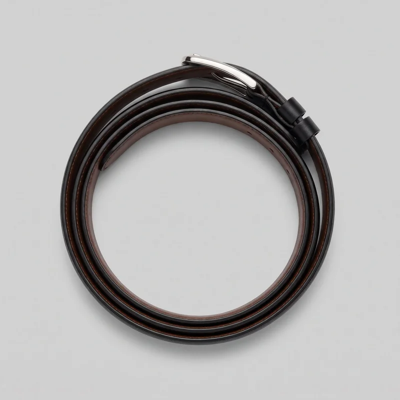 A men's reversible leather belt is shown coiled as a standalone product. The slim, smooth strap has rounded finished edges, a contrasting inner face, and evenly spaced adjustment holes visible along the inner portion. Near the top are a polished rectangular buckle with a prong mechanism and two adjacent strap keeper loops; no logos or decorative embellishments are visible.