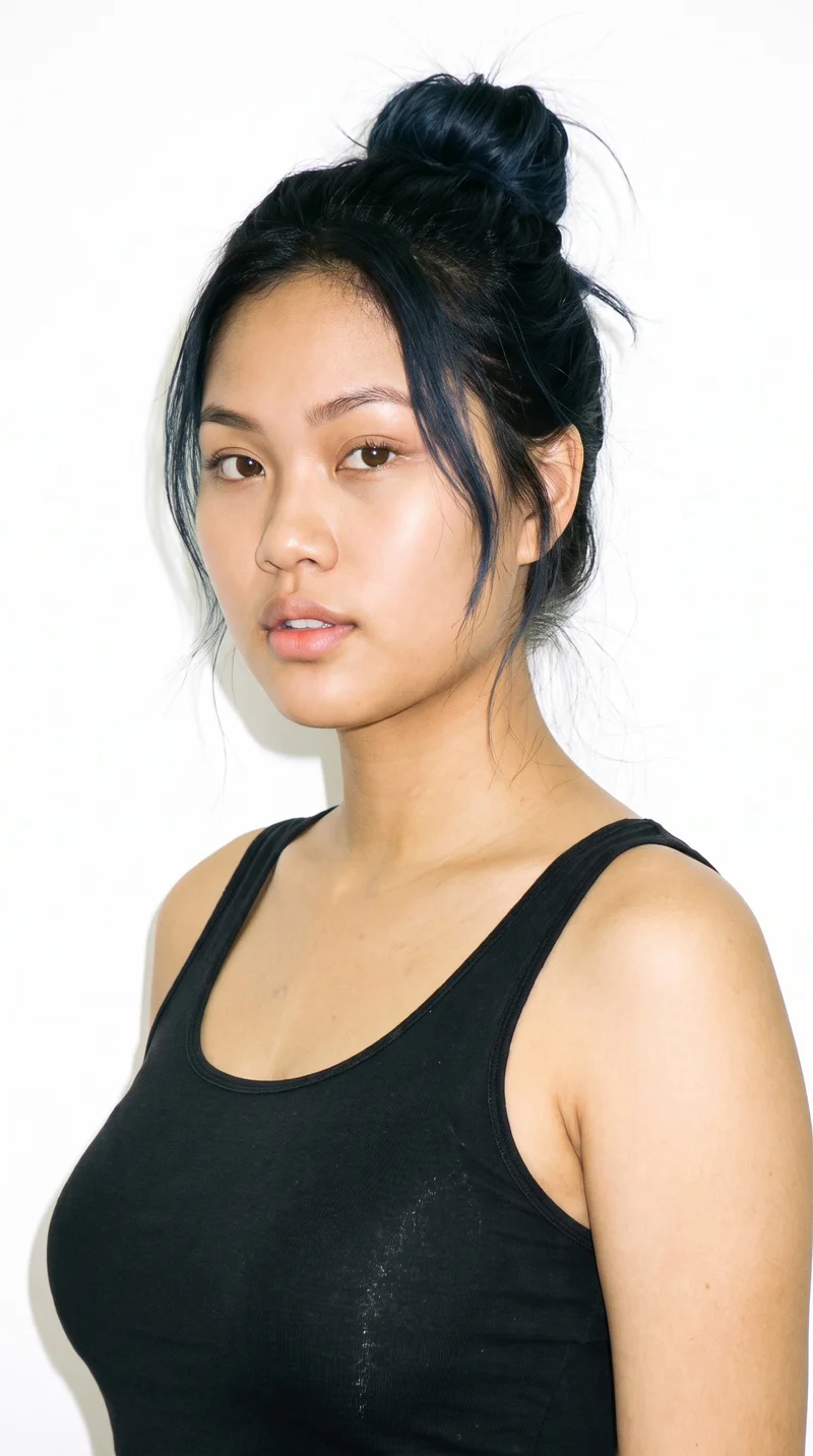 An 18-year-old Southeast Asian woman with a medium olive skin tone and a greenish-golden undertone. Her round face has soft, full contours with gentle curves and few angles. She has thick eyebrows, very dark near-black eyes, and very full lips. Her deep black hair is gathered into a loose, messy bun with softly undone strands.