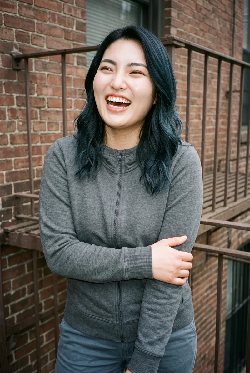 A 22-year-old Japanese woman is shown from the upper body at a front three-quarter angle, wearing a grey zip-up hoodie and holding her elbow. She is laughing, with a fire escape backdrop.