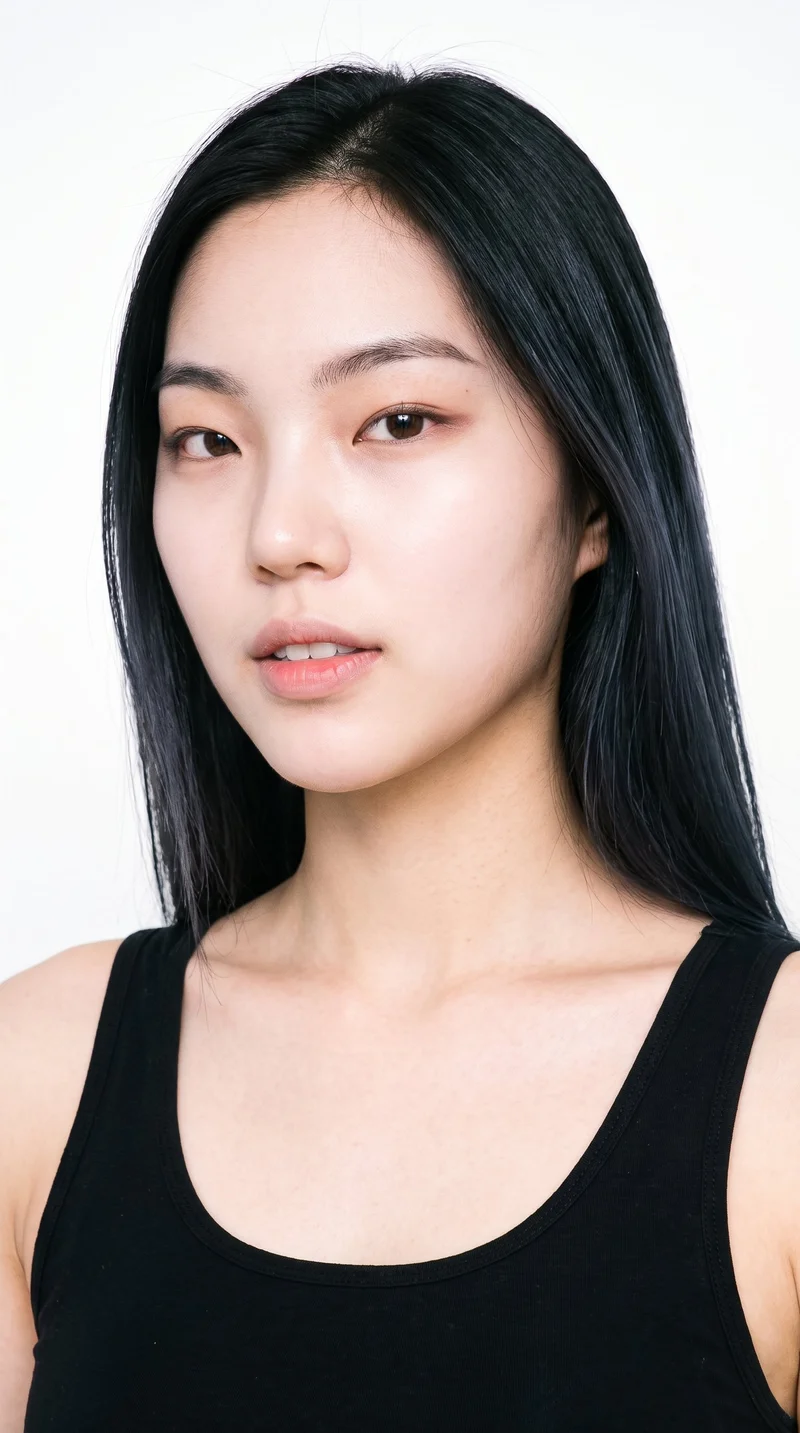 This 19-year-old Korean woman has light porcelain skin with a neutral undertone and East Asian facial features. Her heart-shaped face has a wider forehead that narrows to a more pointed chin. She has thick eyebrows, brown eyes, and thin lips. Her deep black hair is long and falls straight without waves or layers.