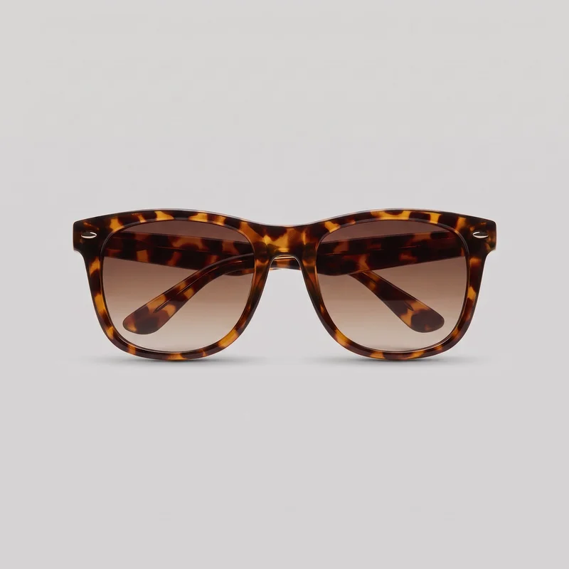 Full-rim square sunglasses with softly rounded lens corners, a broad brow line, and a molded bridge with an integrated nose area. The frame has an all-over mottled tortoiseshell pattern, gradient tinted lenses, folded temples visible through the lenses, and small oval metal rivet-style details near the outer front corners.