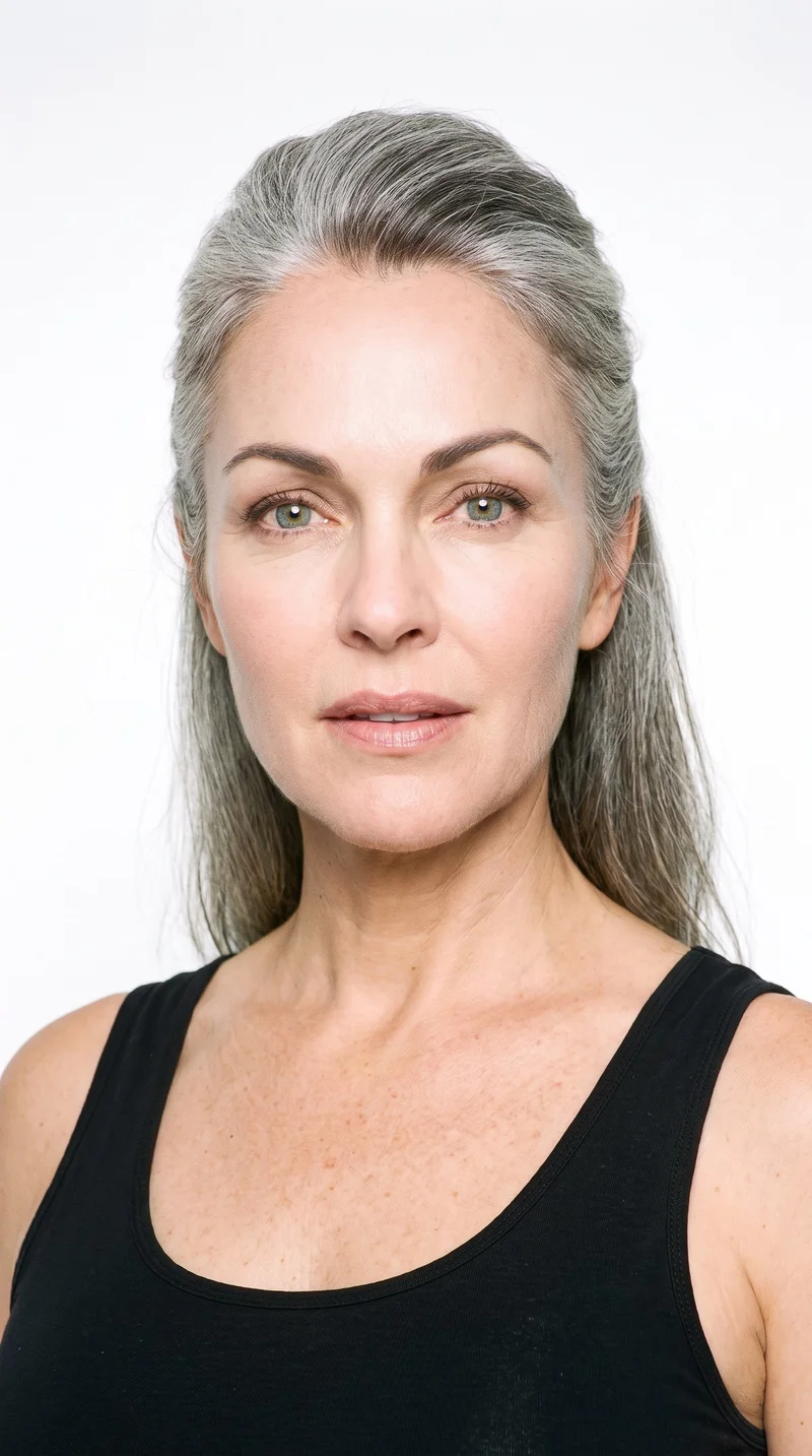 A 45-year-old Caucasian woman has lightly tanned fair skin with a cool undertone. Her heart-shaped face has a wider forehead that narrows to a more pointed chin. She has thin eyebrows, blue eyes with a cool undertone, and thin lips. Her gray hair is styled half up and half down, with the upper section pulled back and the lower lengths hanging loose.