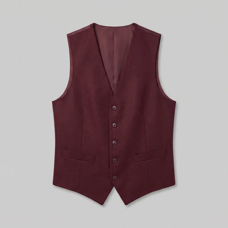 A burgundy men's tailored waistcoat is shown flat in a mostly complete front view against a simple backdrop. It has a sleeveless, slim structured silhouette with broad shoulder panels, a deep V neckline, five visible front buttons, vertical shaping seams, two lower welt pockets with rectangular flaps, and a pointed split front hem.