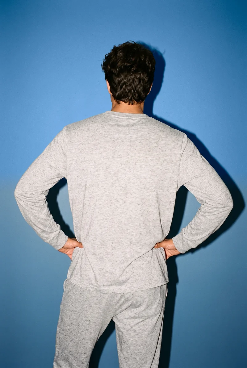 Men's Grey Marl Pyjama Set, Three-quarter length at Back, Natural E-Commerce lighting