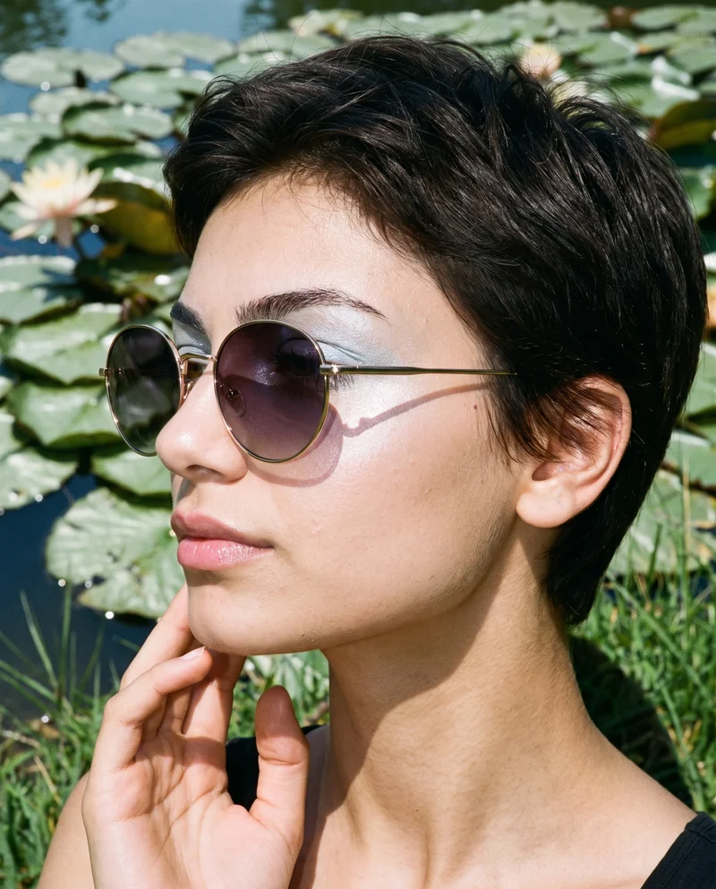 Women's Round Metal Sunglasses, Head at Side, Natural E-Commerce lighting