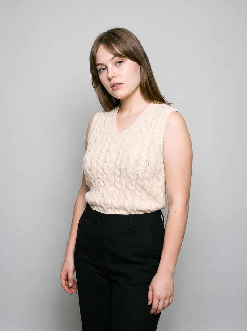 A 21-year-old Caucasian woman is shown from the upper body at an angled front view, wearing a women's cream cable-knit sweater vest. Her arms are relaxed and her expression is neutral. A pearl grey studio-wall backdrop fills the background.