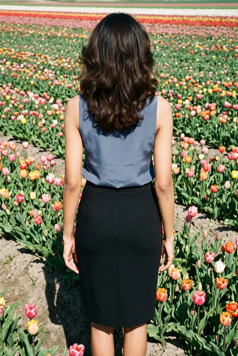 A 20-year-old Indian woman wears a black pencil skirt, shown from the back in a relaxed standing pose and framed from three-quarter length. A tulip field forms the backdrop.