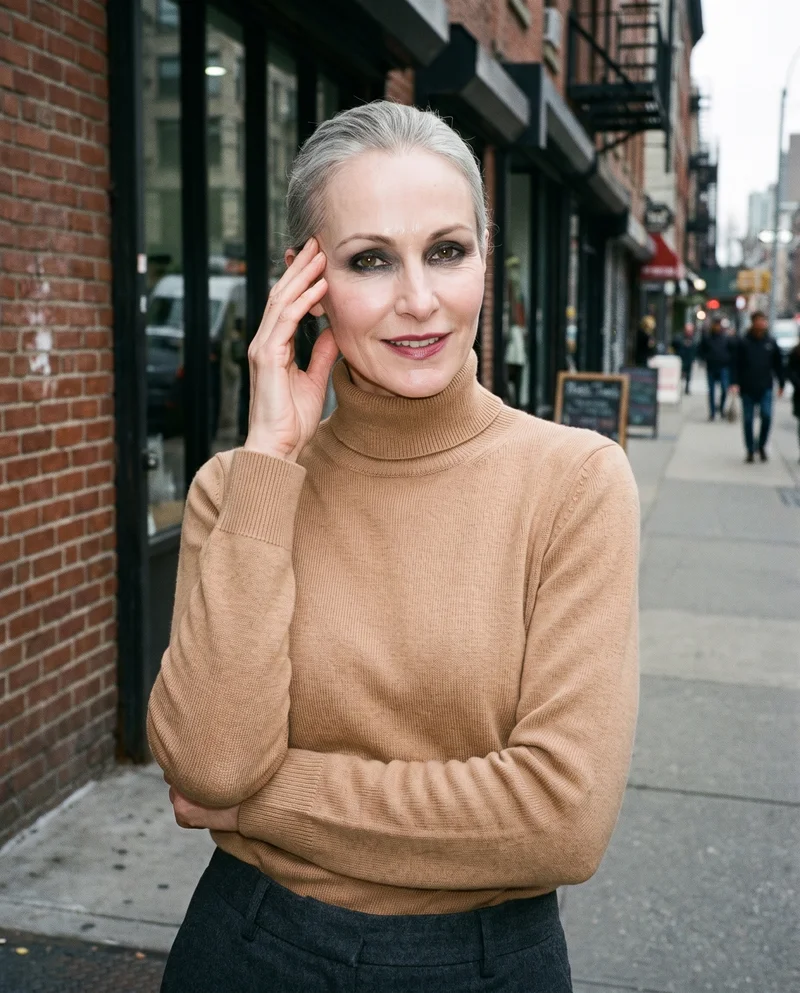 A 58-year-old Caucasian woman wears a camel roll-neck in an upper-body view. She is shown from a front three-quarter angle, smiling with one hand at her temple, against an urban street backdrop.