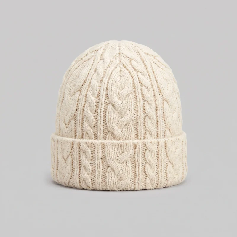 A cream cuffed knit beanie is shown by itself in a full product view. It has a rounded dome crown, a close-fitting cap silhouette, vertical ribbing, and raised cable-knit columns continuing across the crown and fold-over cuff. The cuff forms a horizontal band around the lower opening, with no visible closures, brim, pom-pom, logos, prints, patches, embroidery, or other embellishments.